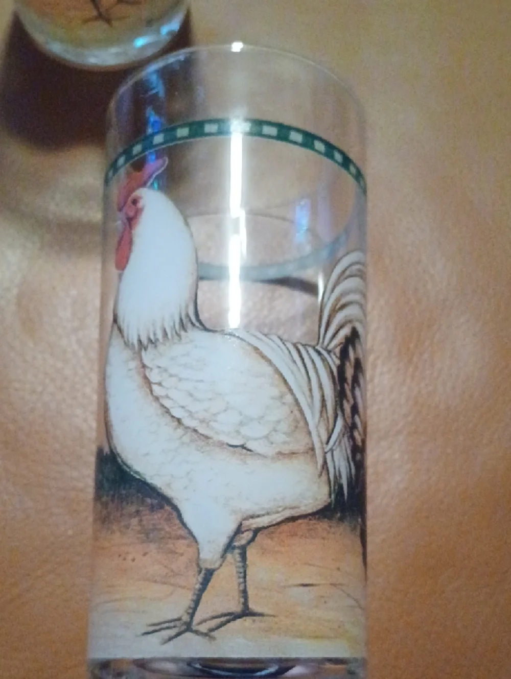 - Set of 4 Vintage Rooster Farmhouse Drinking Glasses — White, Brown, Green.